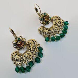 Boho Earrings, Joan River, Gold, Green, Bohemian, Crystal, Rhinestone, Mogul